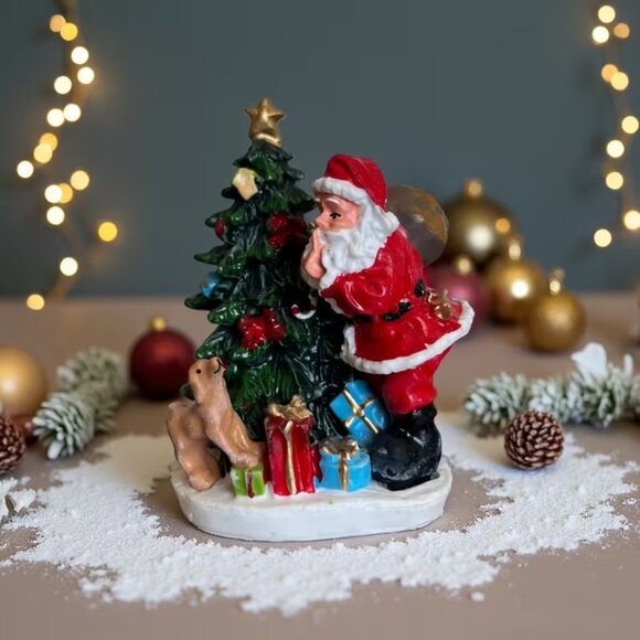 Santa w Christmas Tree & Dog Resin Holiday Tabletop Decor, 2.5"h x 1.8"w - Picture 1 of 2